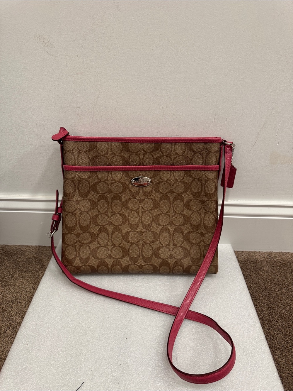 Coach Signature File Crossbody Bag in khaki and pink with hangtag